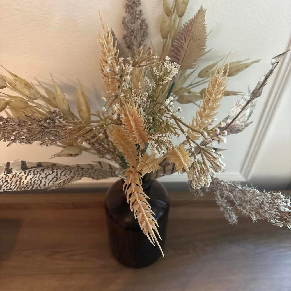 Brown glass vase with fake dried flowers Glass is 7